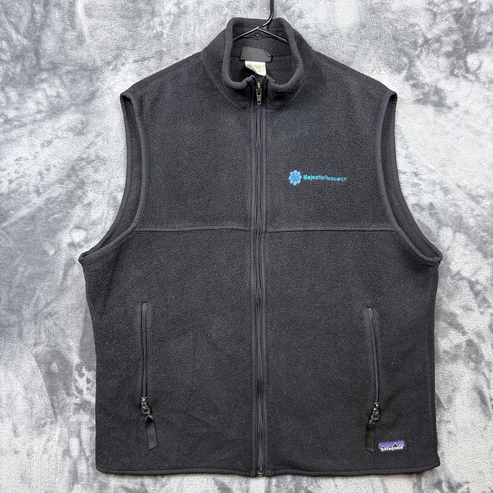 Patagonia Synchilla Vest Mens L Black Fleece Full Zip Majestic Research Logo